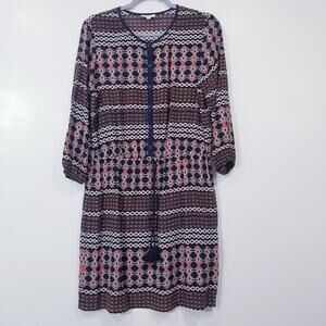 Shoshanna Silk Tribal Patterned Women's Dress with Pink & Blue Accents Tasseled